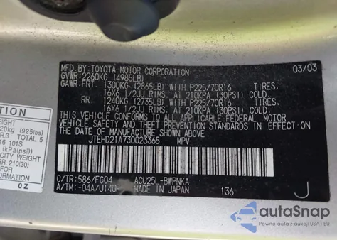 2003 Toyota Highlander from USA, damaged, VIN JTEHD21A730023365